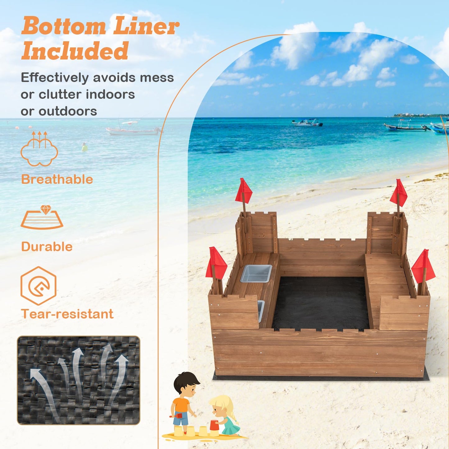 Solid Wood Kids Sandbox with 2 Bench Seats