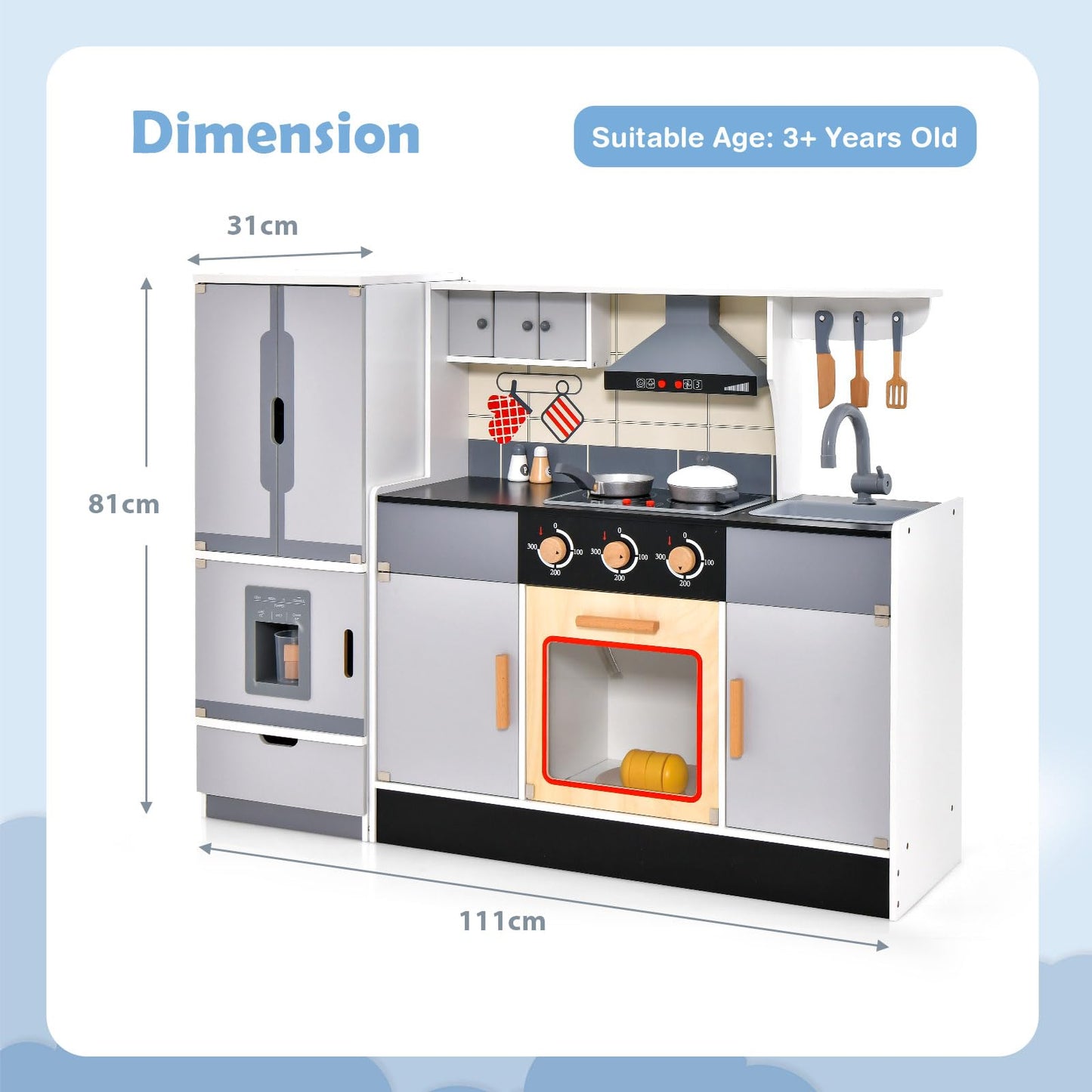 Pretend Play Kitchen Toy with Freestanding Refrigerator