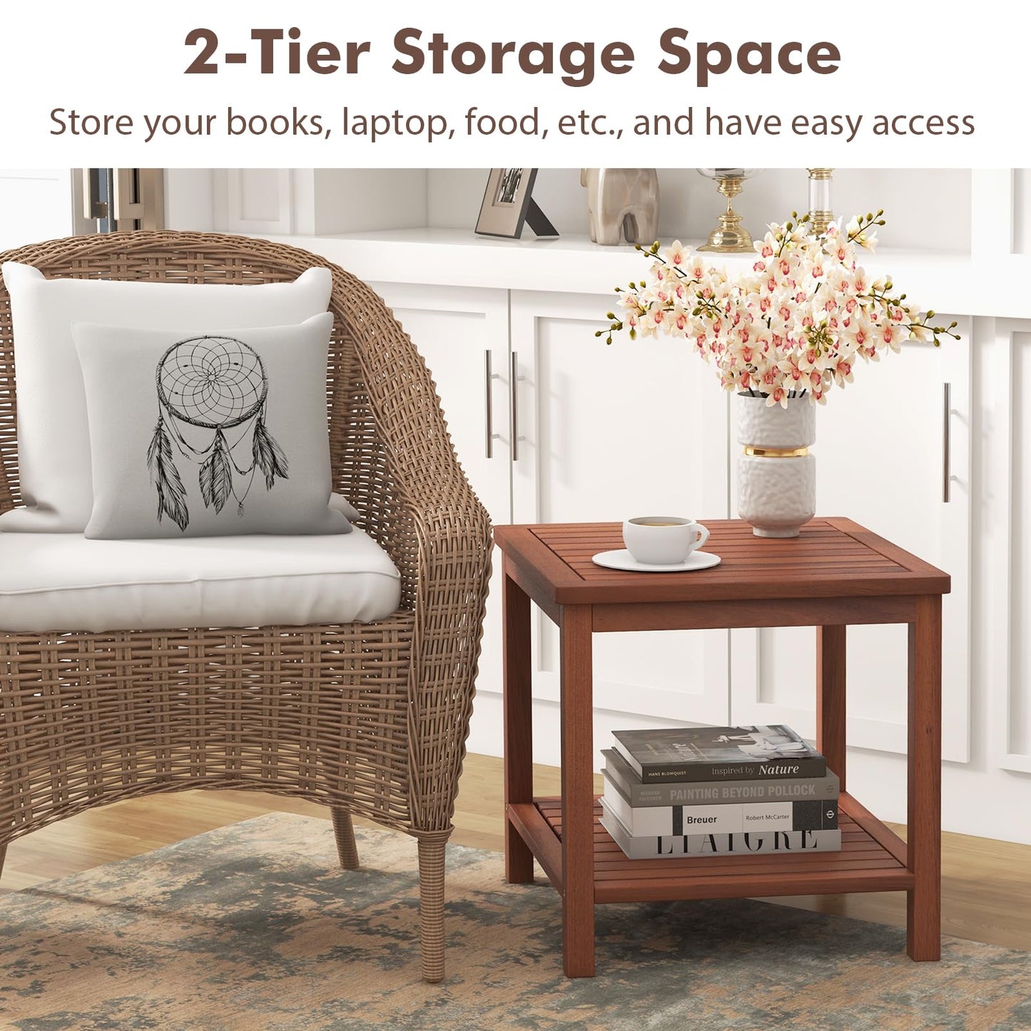 Solid Acacia Wood Outdoor Coffee Table with 2-Tier Storage Shelves