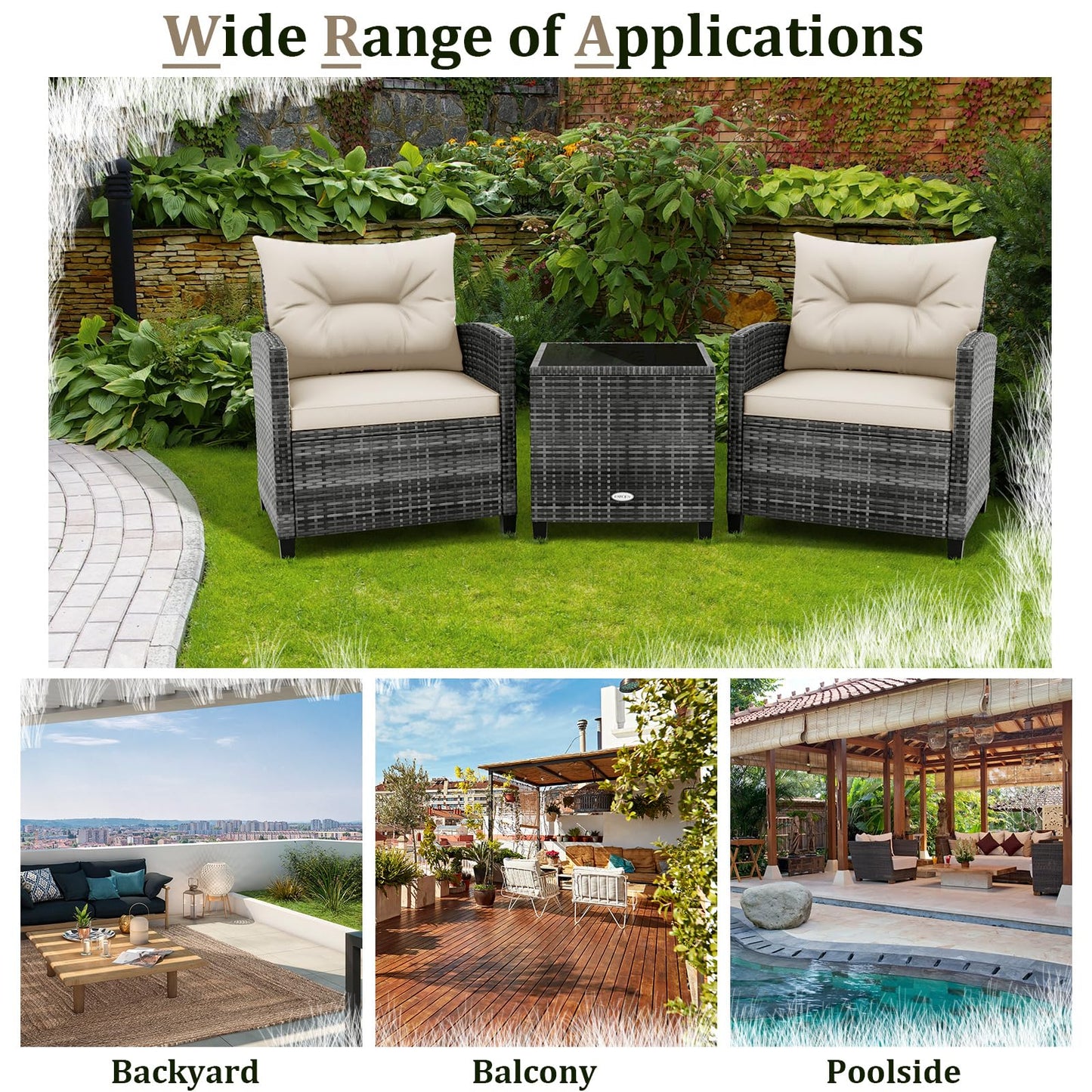 3 Pieces Metal Frame Garden Coffee Table and Sofa Chairs Set with Cushions