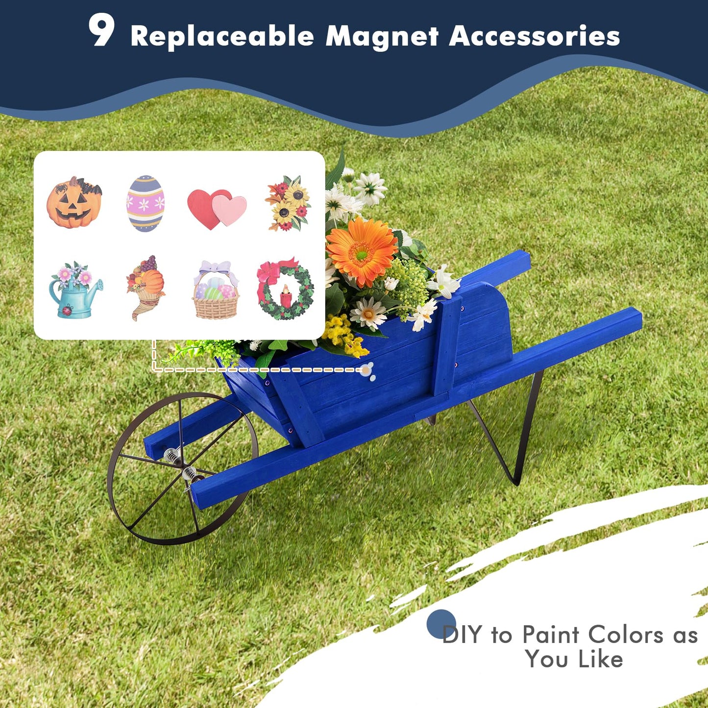 Wooden Wagon Planter Stand Wheelbarrow Flower Cart Garden Decoration
