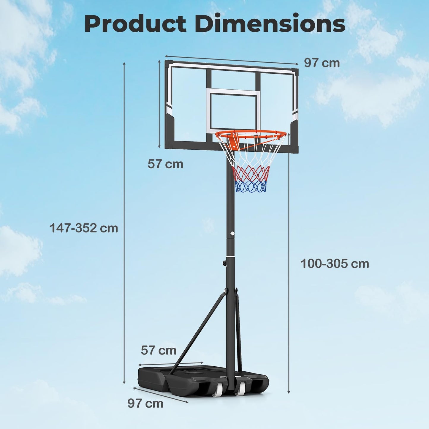 1-3.05m Portable Basketball Hoop Outdoor with Shatterproof Backboard