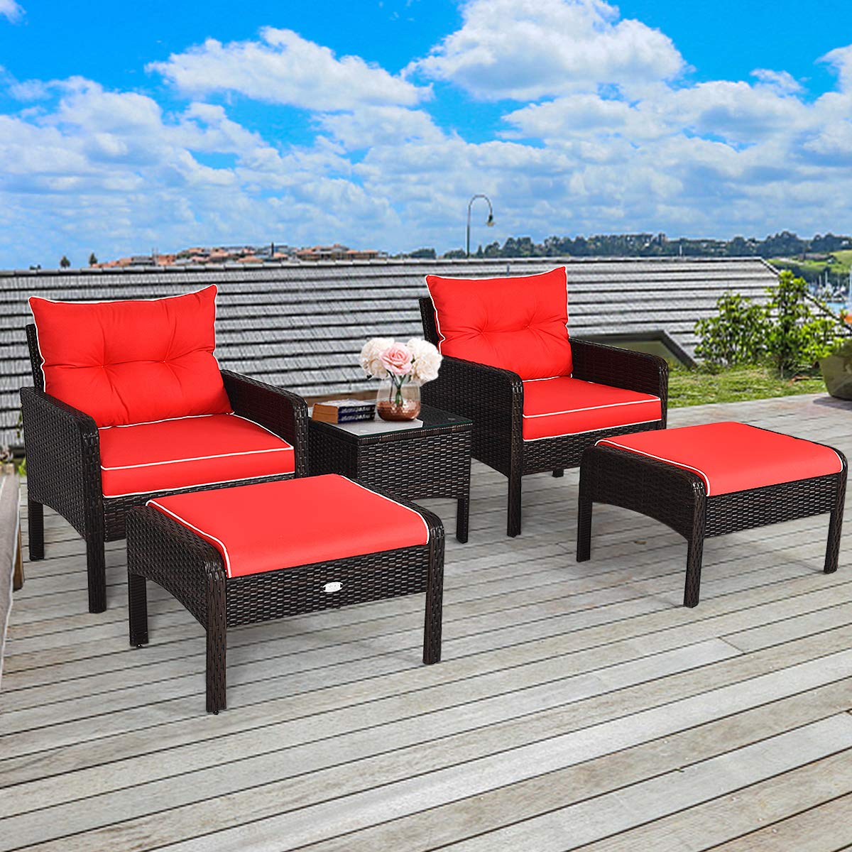 4-Seater Cushioned Sofa Chair with Glass Top Coffee Table and Footstool