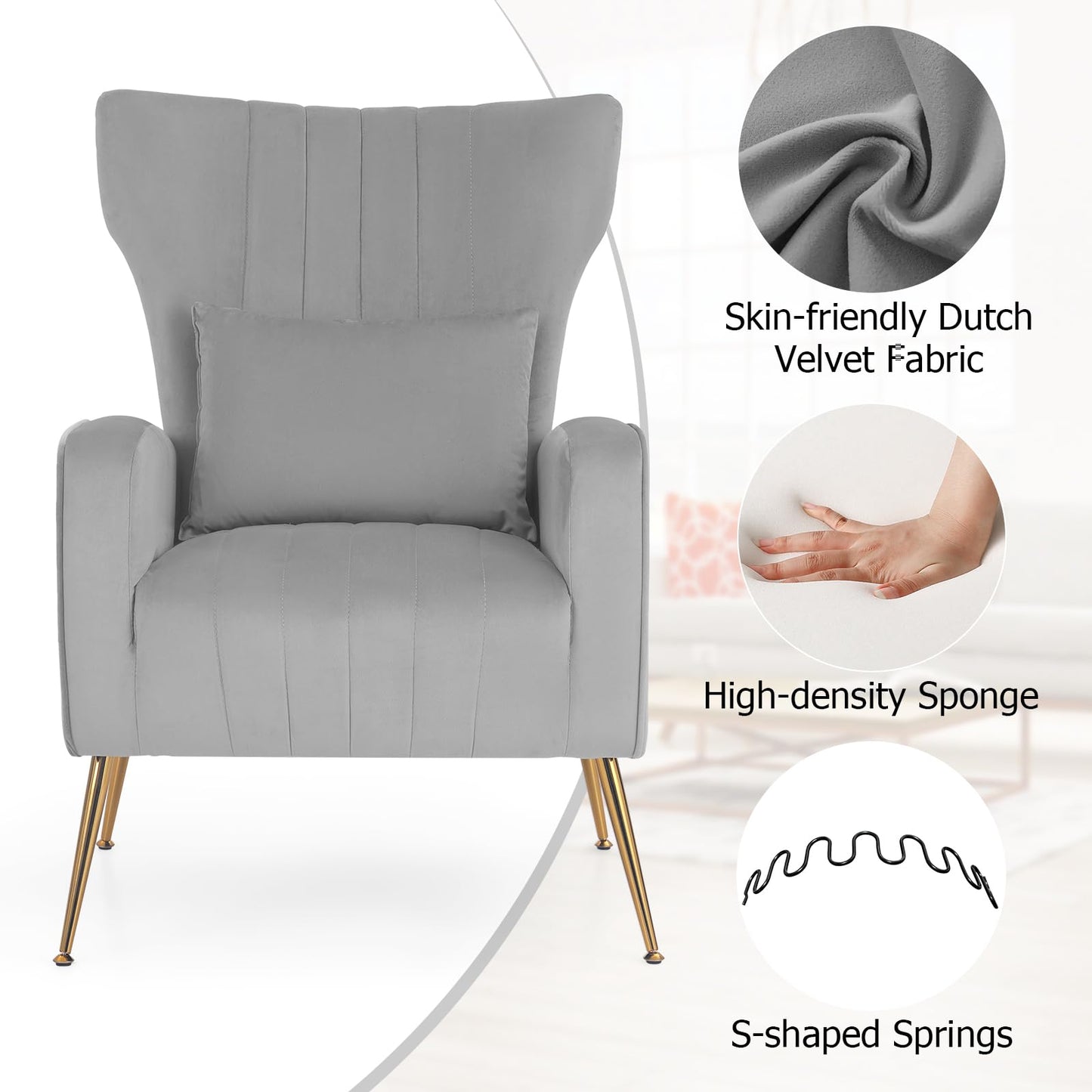 Velvet Upholstered Wingback Chair with Lumbar Pillow and Golden Metal Legs