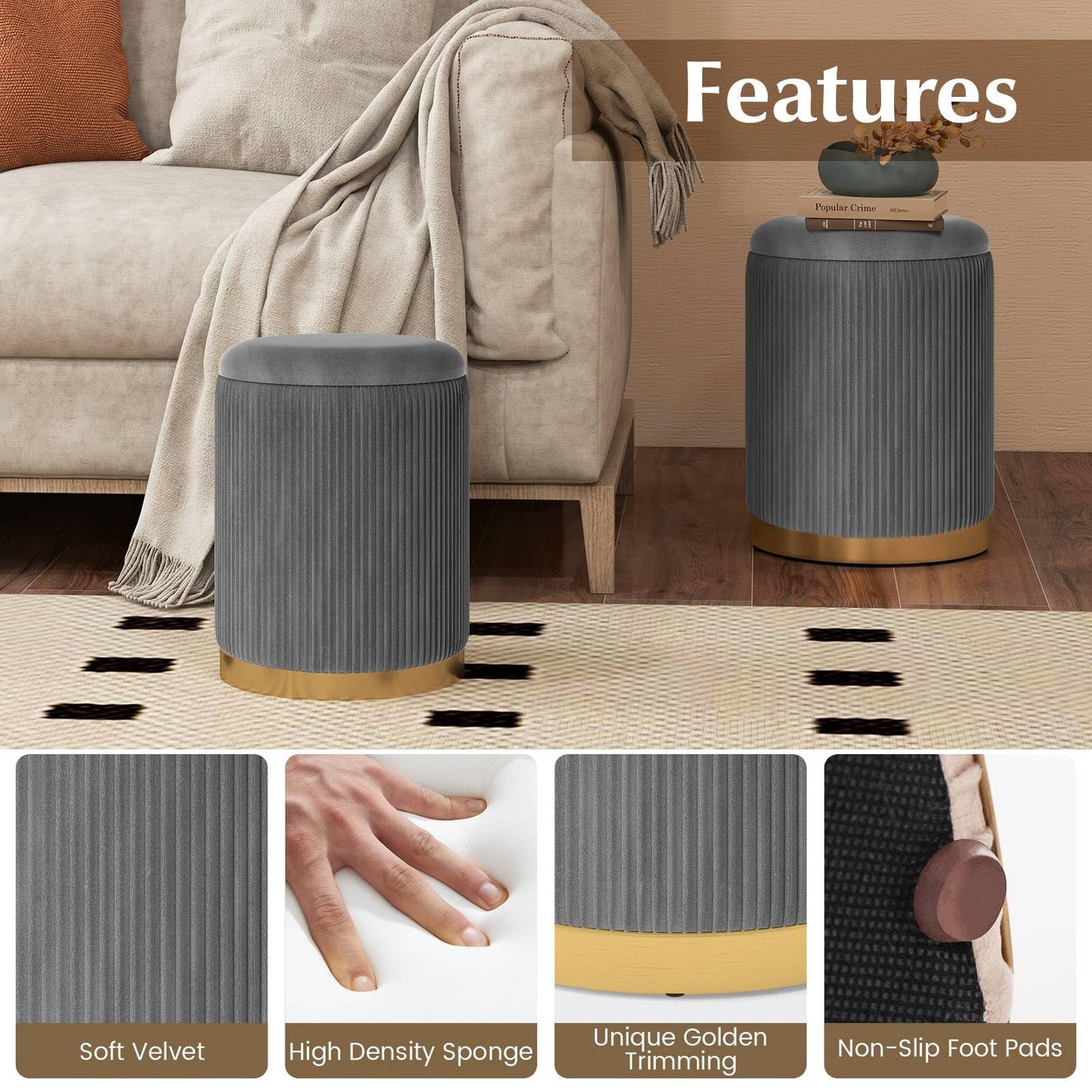 Velvet Storage Ottoman Set of 2 with Gold Stainless Steel Hoop