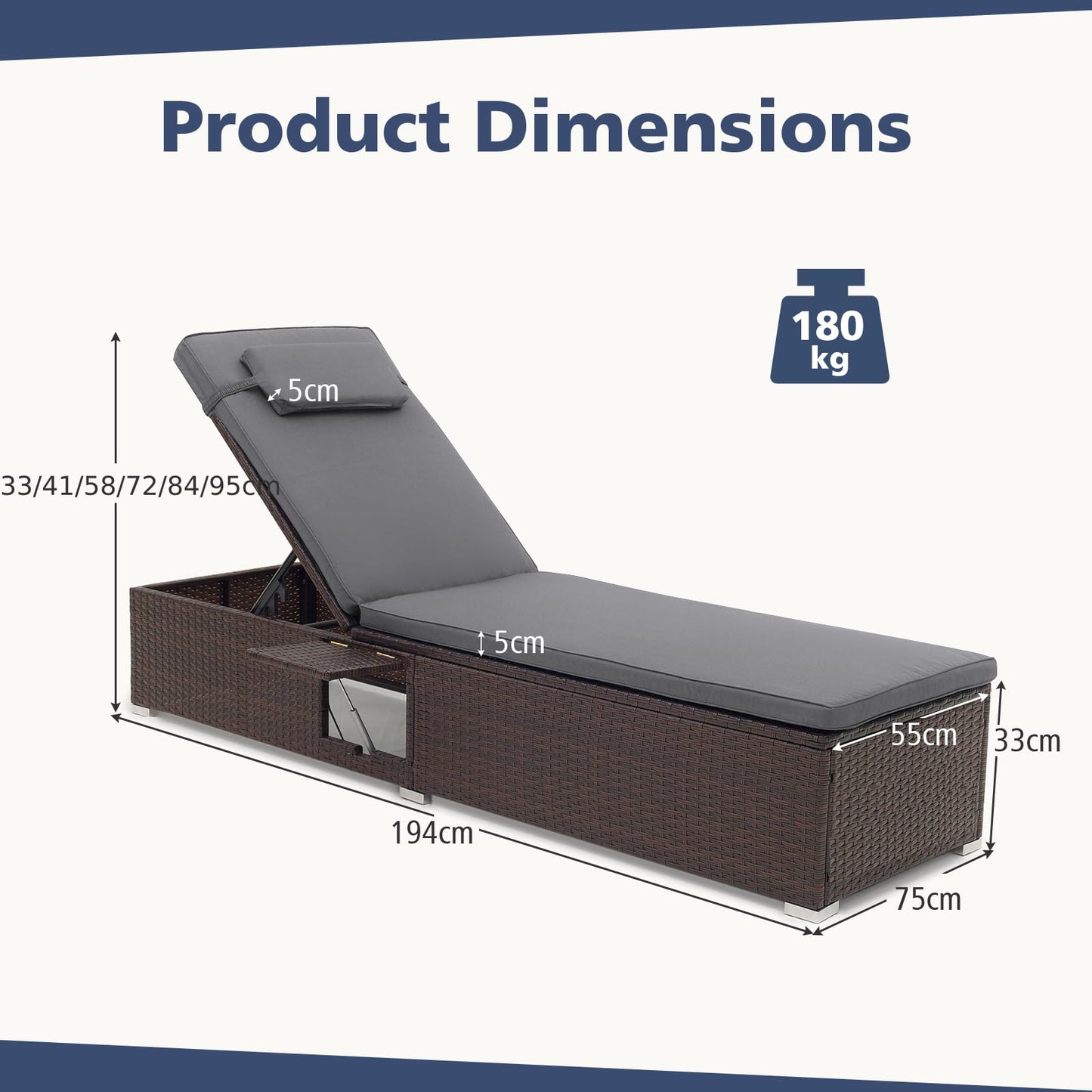 Outdoor PE Rattan Lounge Chair with 6 level Backrest and Comfy Seat Cushion