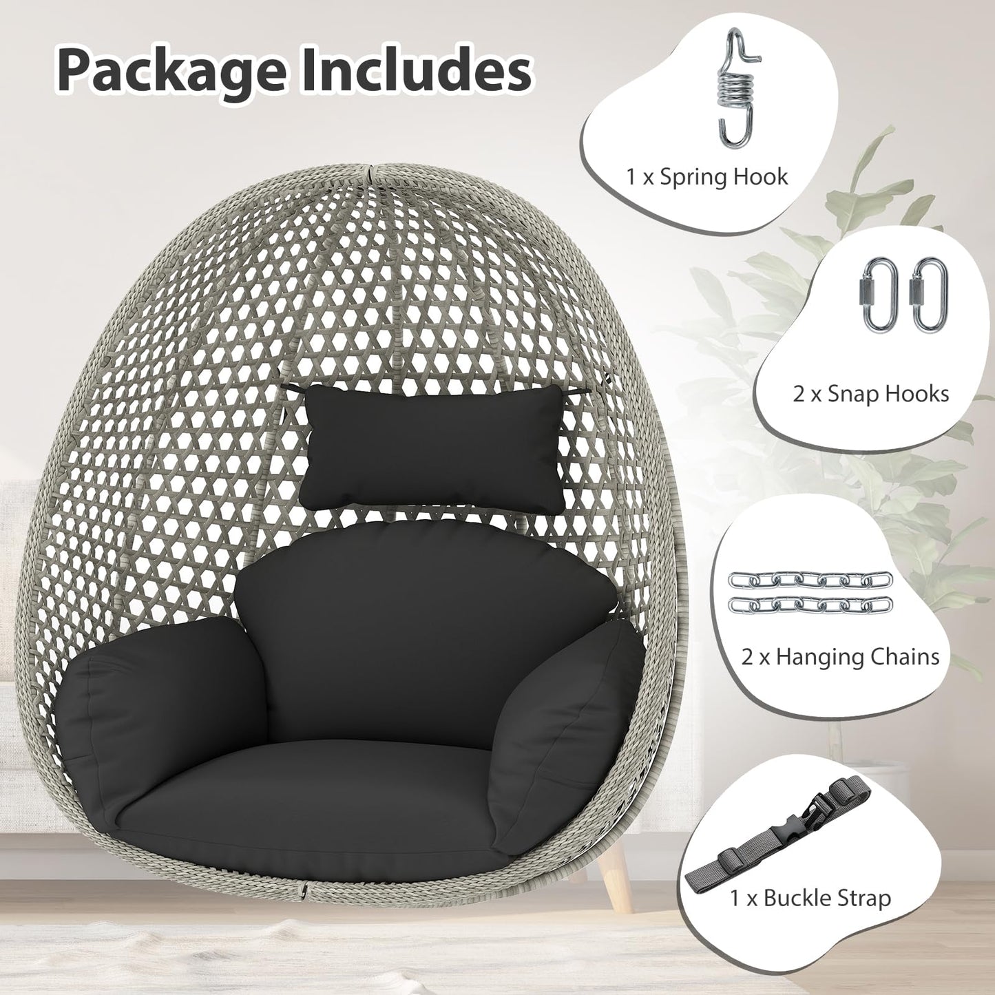 Swing Egg Chair with Soft Thick Cushion and Head Pillow