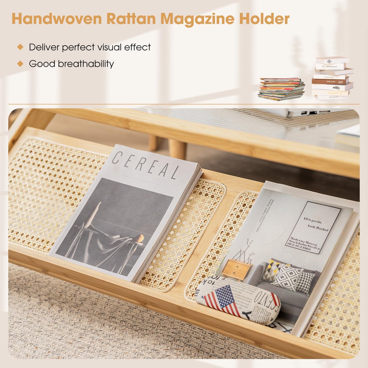 Tempered Glass Cocktail Tea Center Table with Rattan Magazine Storage Shelf