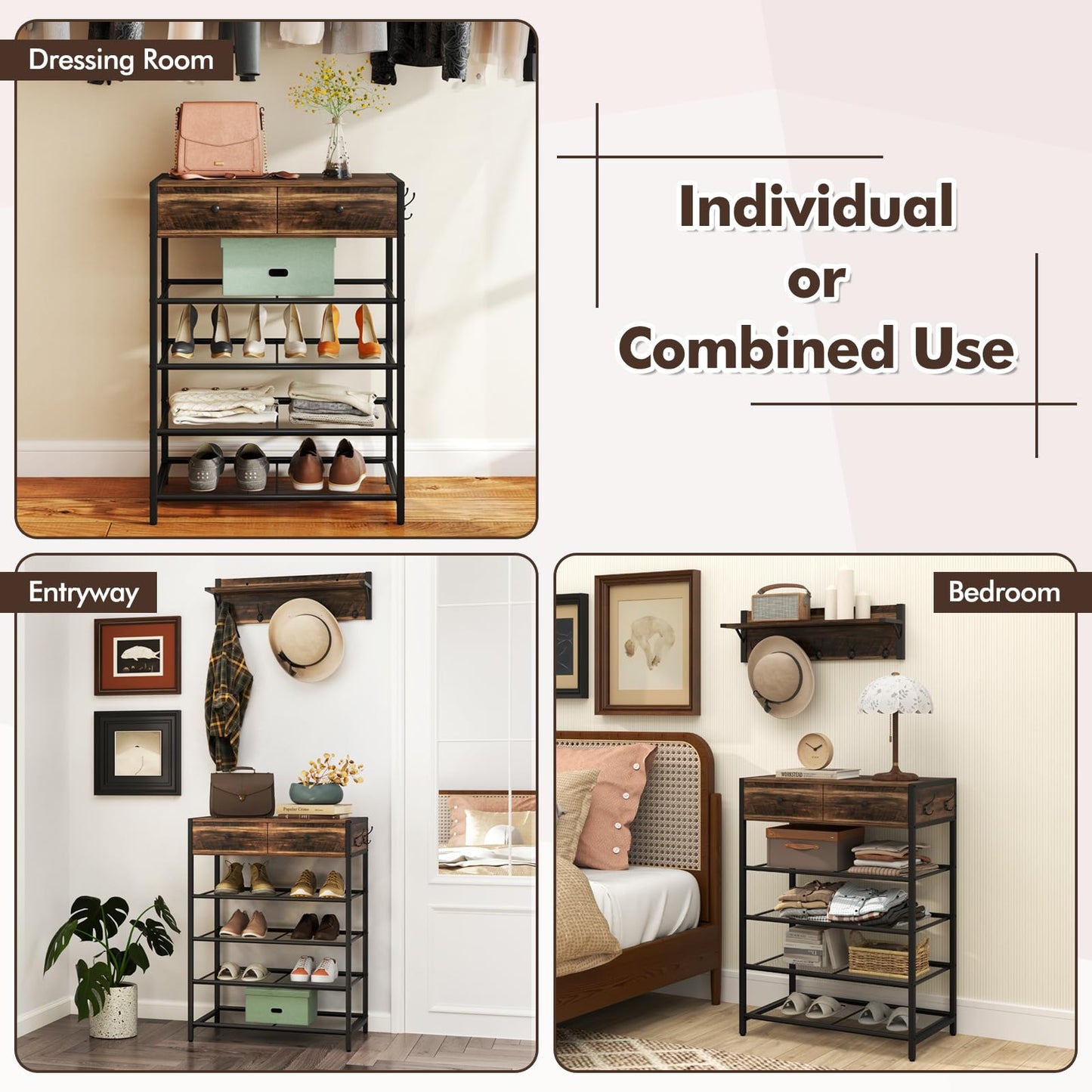 Coat Rack Shoe Stand Set with Wall-Mounted Coat Rack and Drawers
