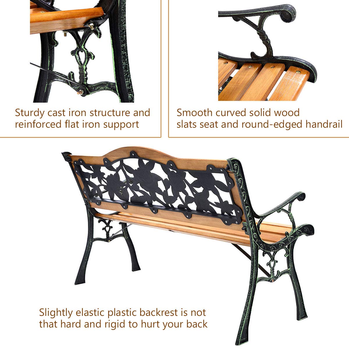 Solid Wood Slatted Seat Loveseat Park Bench Arched Back with Rose Pattern