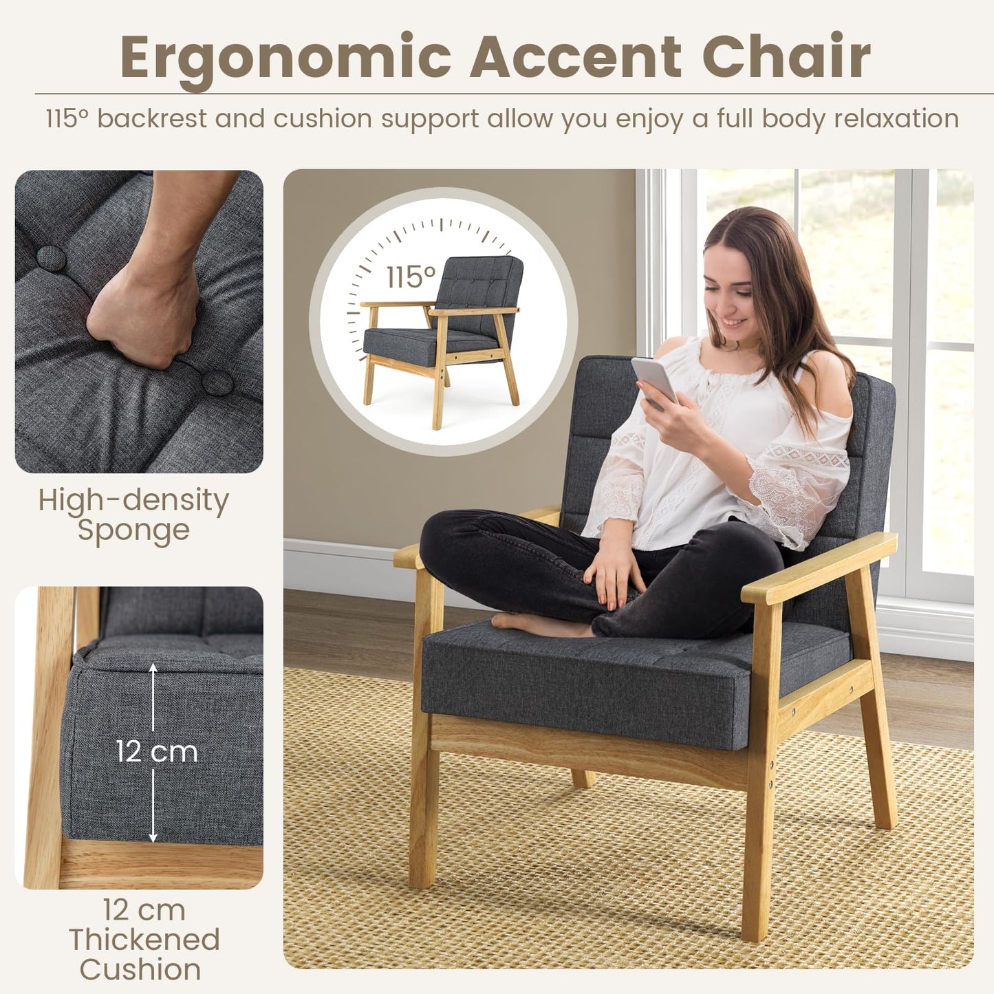 Modern Accent Chair with Rubber Wood Armrests