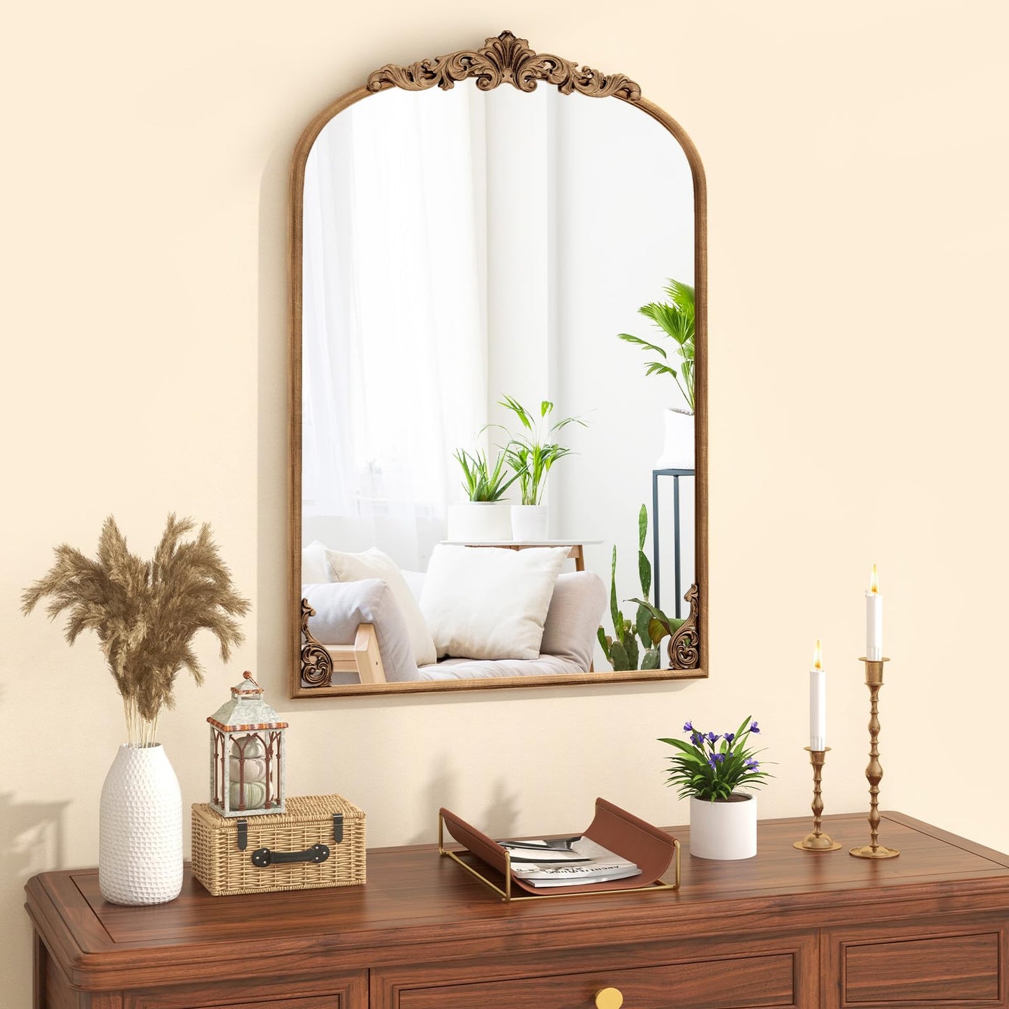 Vintage Ornate Baroque Arched Mirror with Hanging Hooks