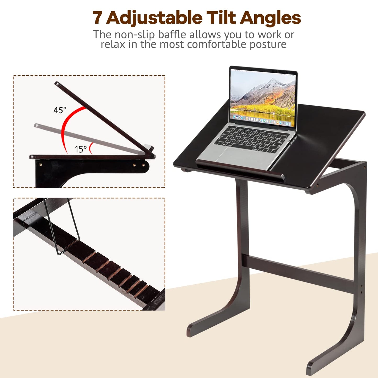 C-Shaped Bamboo Side Table with 7 Adjustable Angles