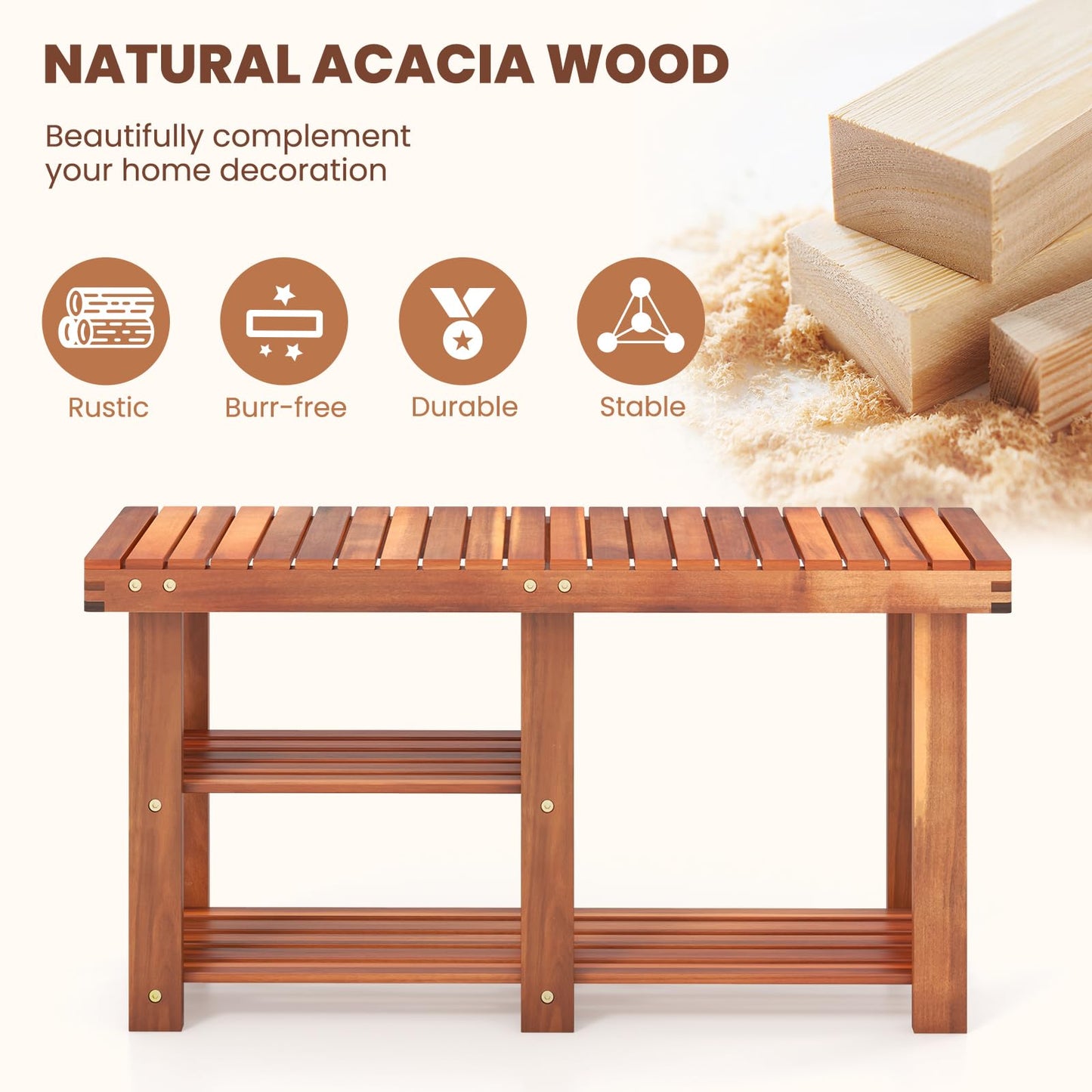 3-Tier Acacia Wood Shoe Rack Bench with Storage Shelf