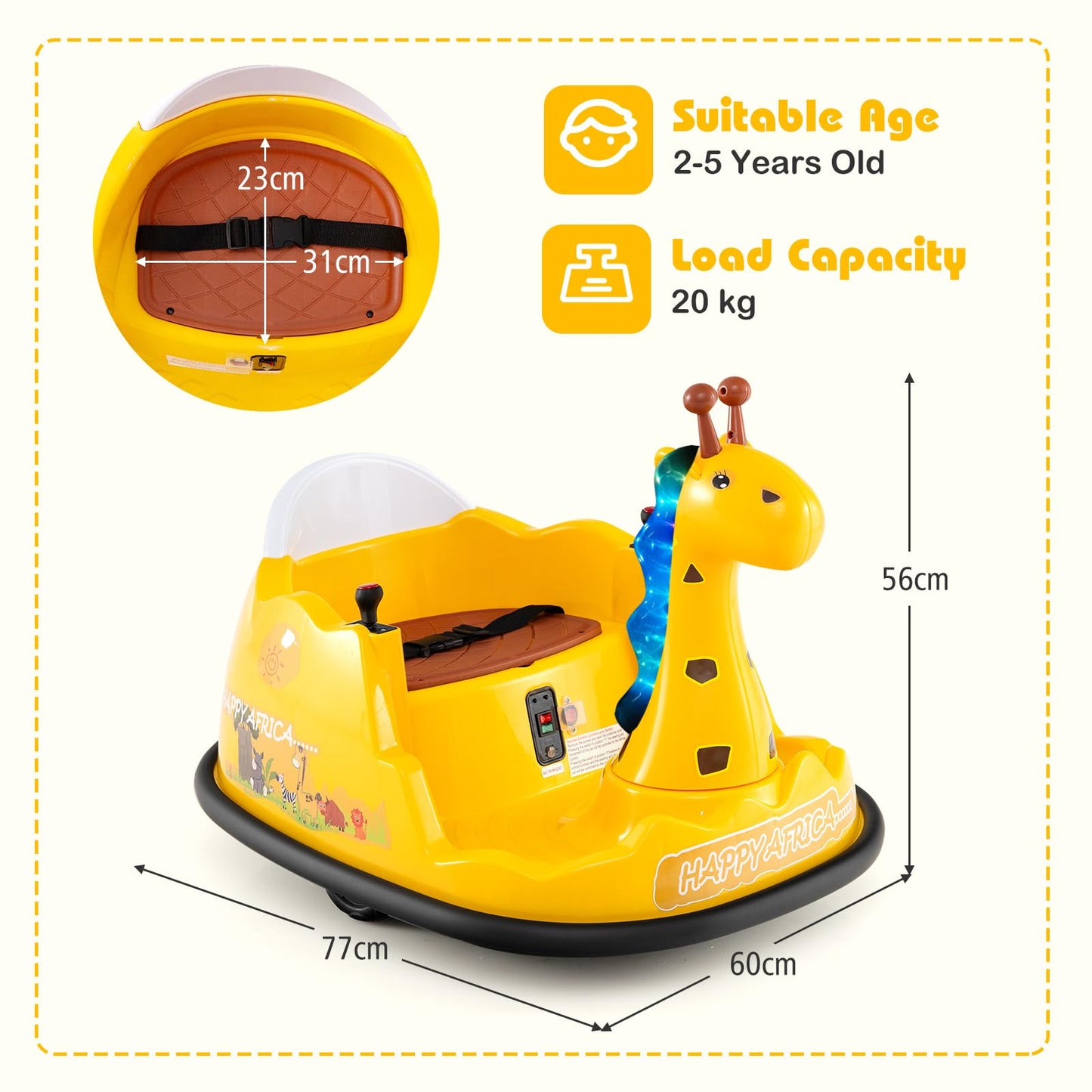 12V Bumper Car Giraffe Toddler 360° Spinning Ride on Toy