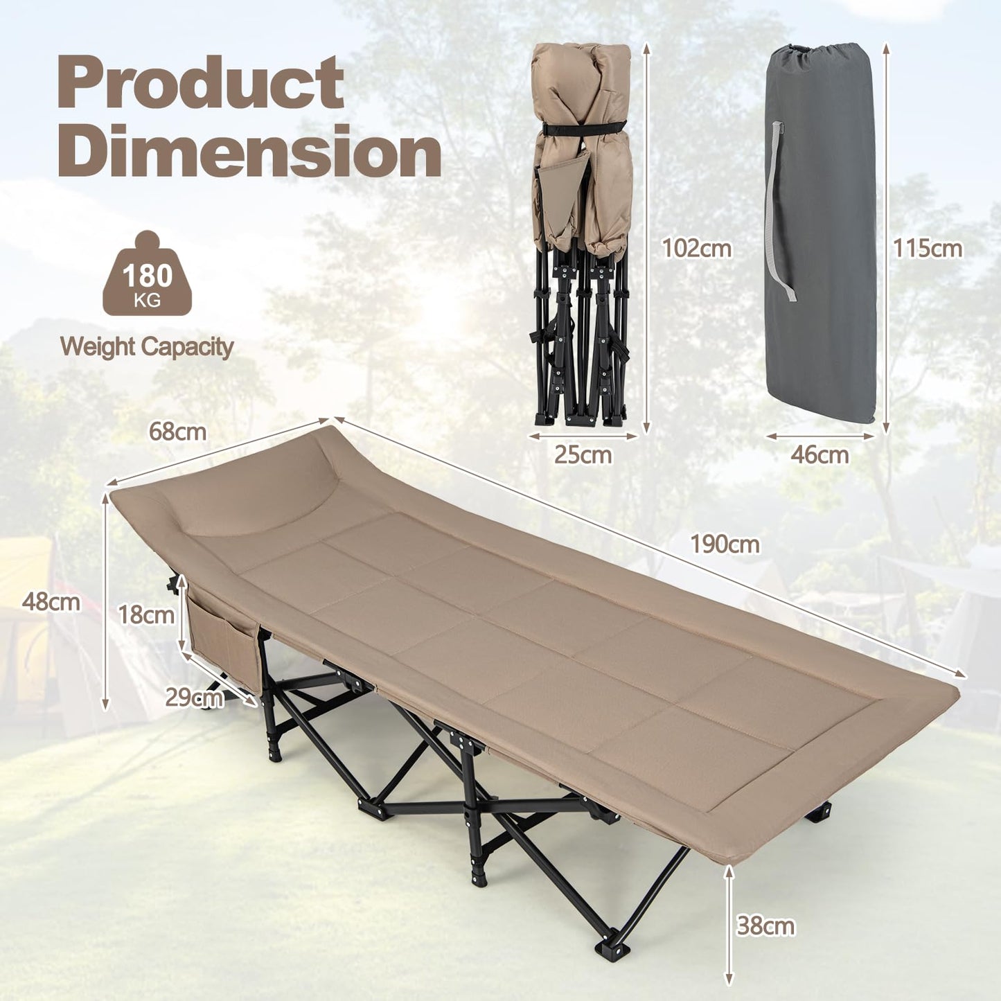 Extra Wide Portable Sleeping Cot with Headrest & Carry Bag
