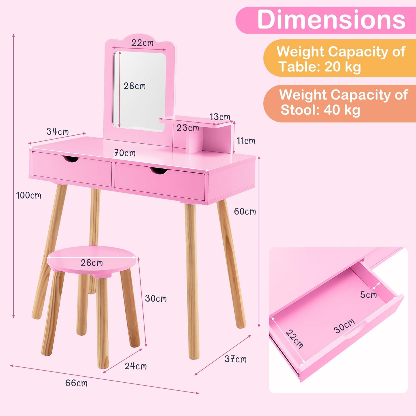 Kids Vanity Table and Stool Set with Square Mirror and Storage Shelf