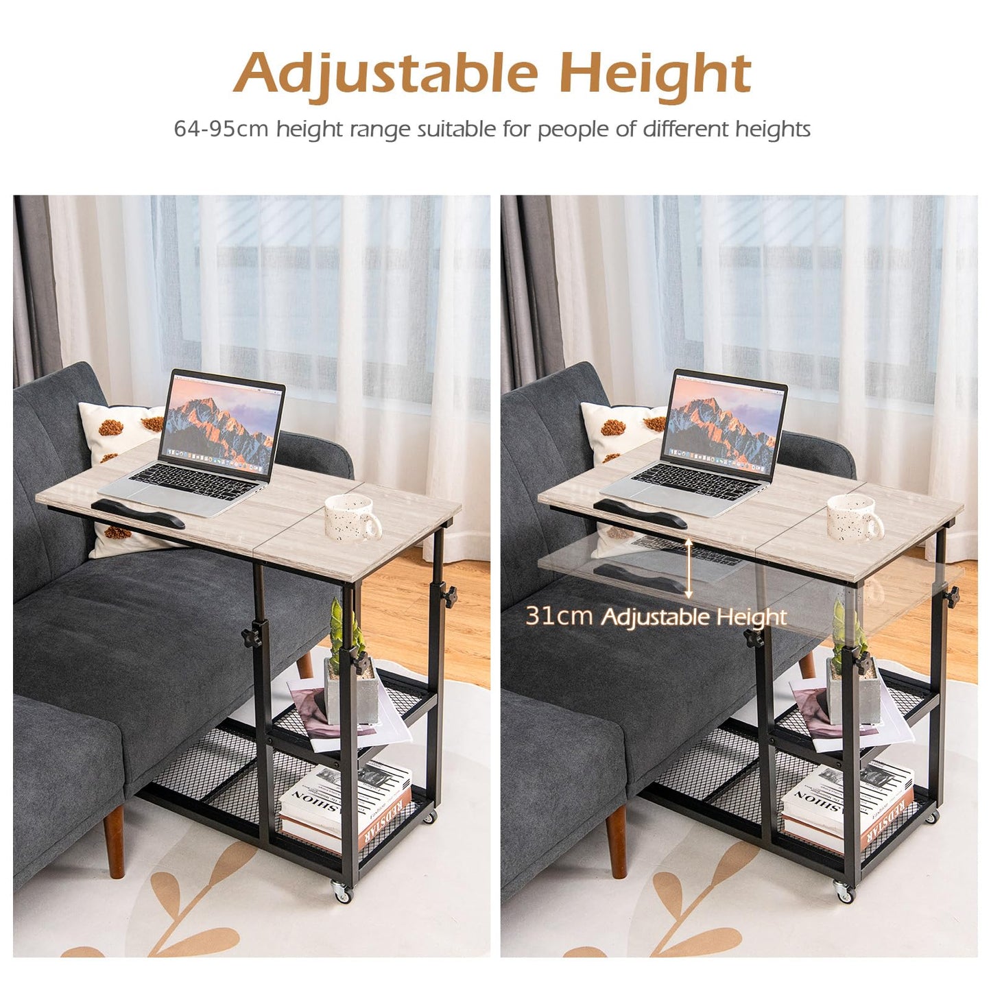 Height Adjustable Mobile Overbed Table with Wheels and Storage Shelves
