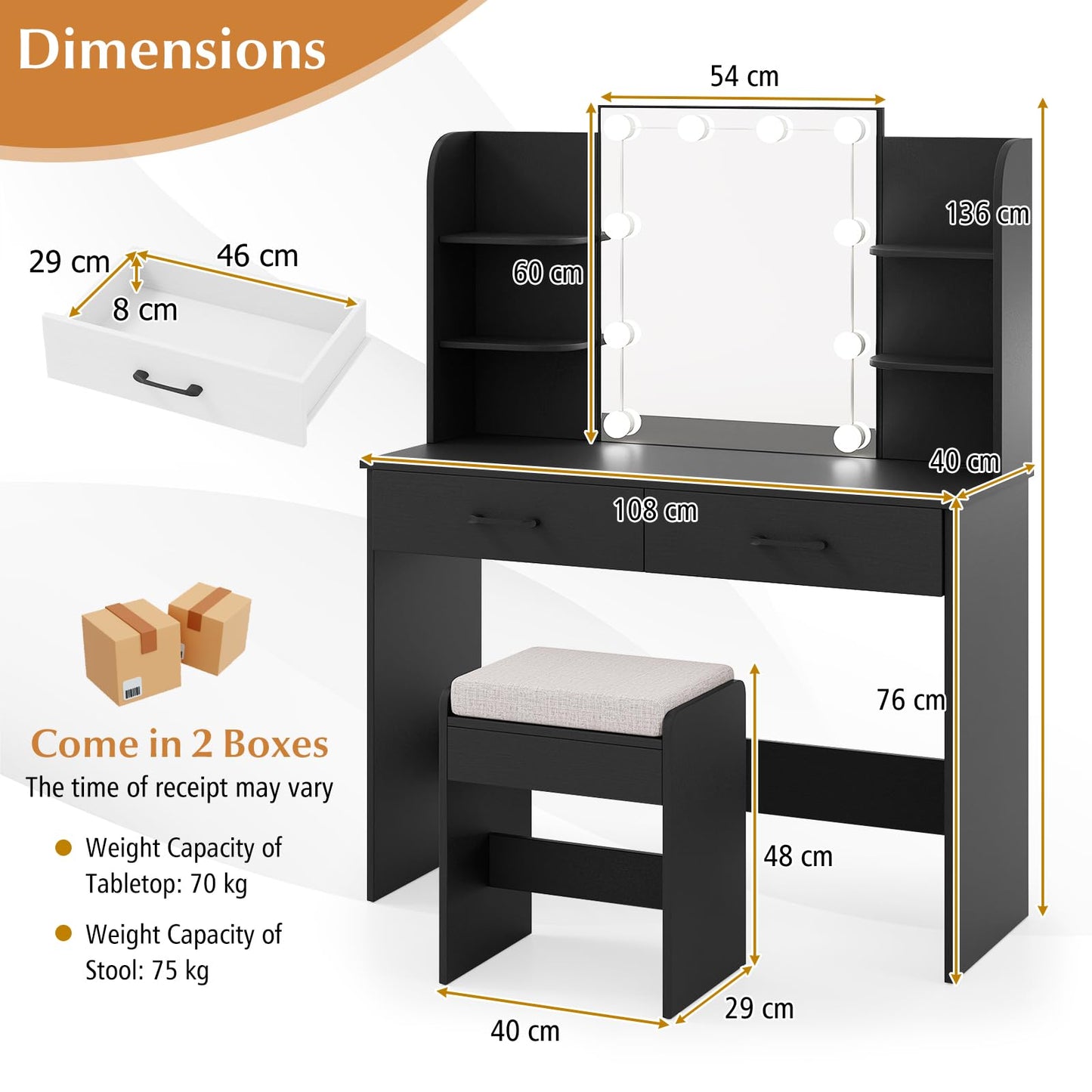Vanity Set with 3-Color Lighting and Adjustable Brightness