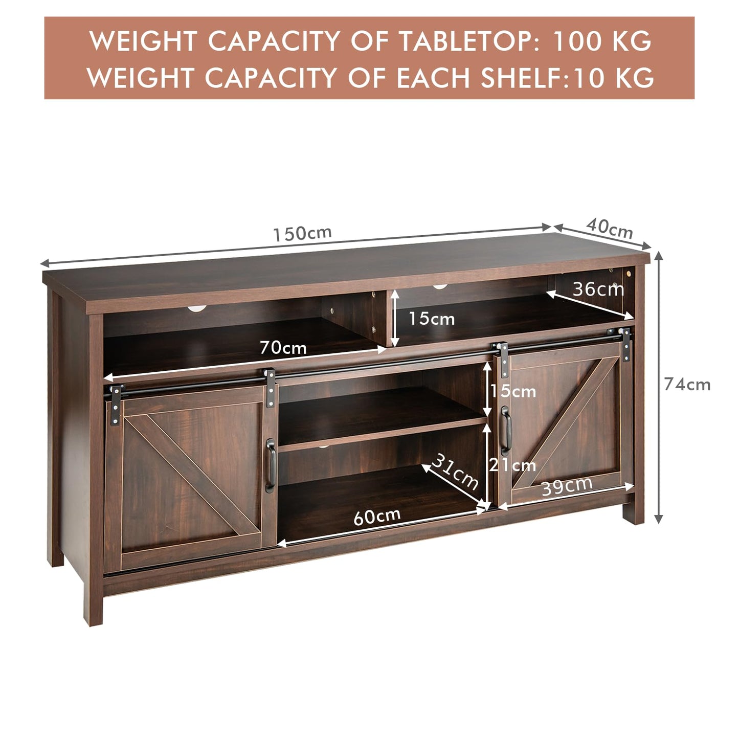 Sliding Barn Door Farmhouse Flat Screen Console for 65 Inch TVs