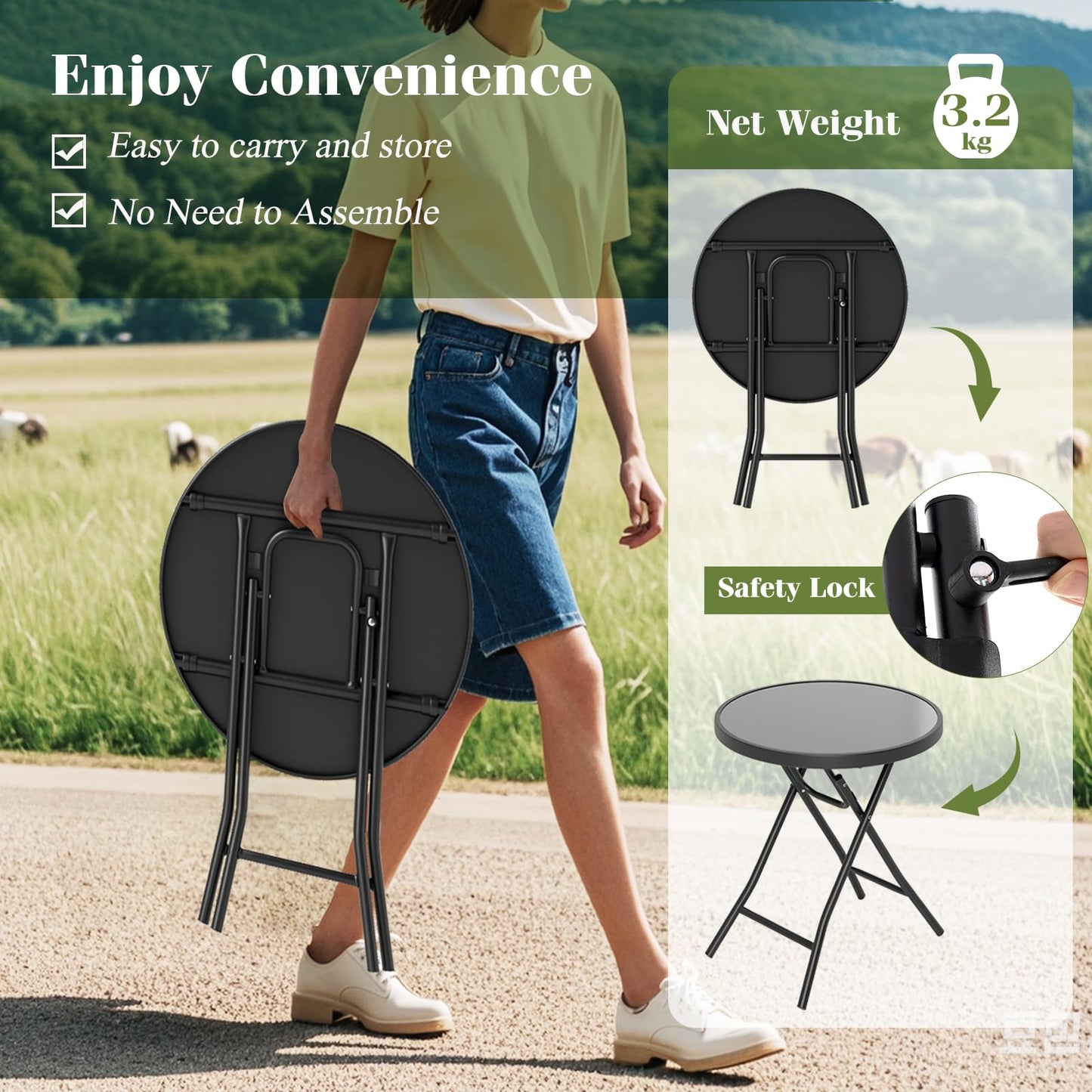 46cm Round Tempered Glass Top Small Garden Table