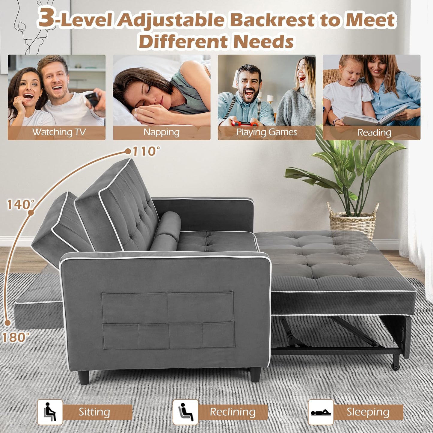 2-Seater Convertible Pull Out Sofa Bed with Adjustable Backrest and Pillows