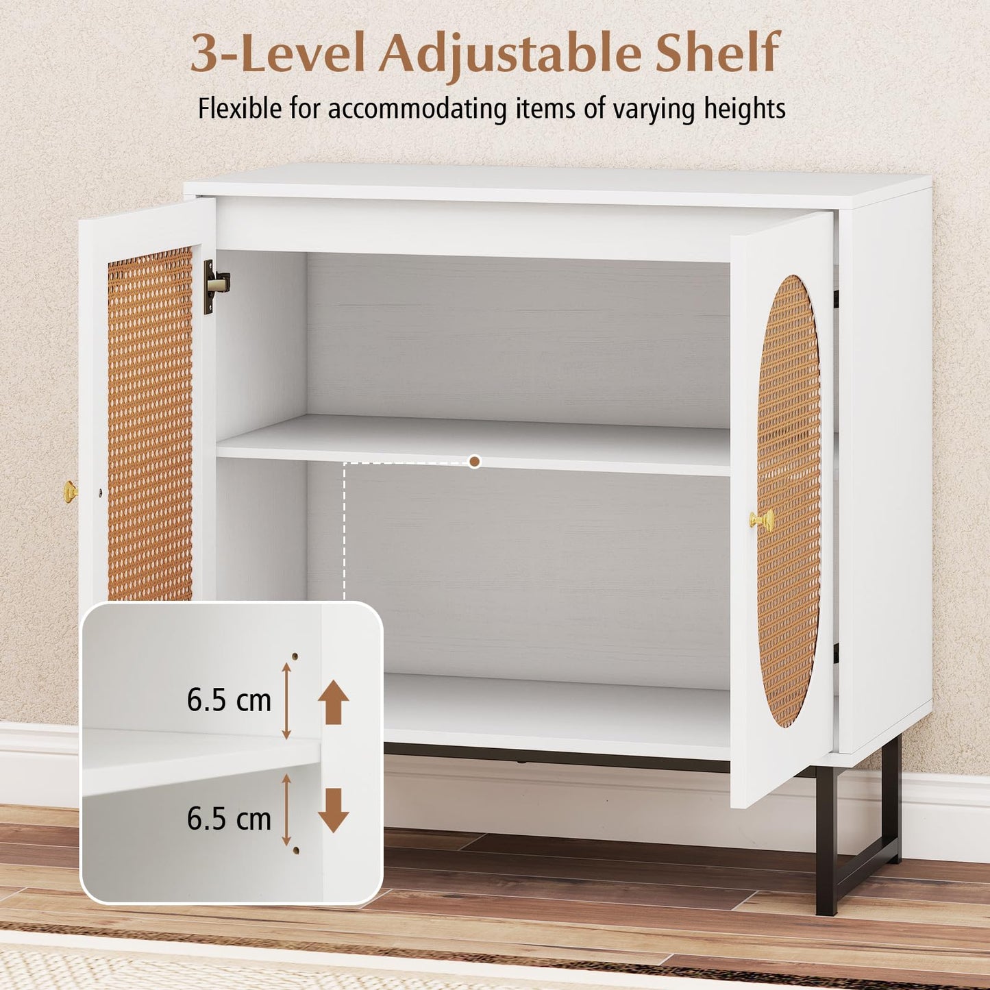 Kitchen Buffet Sideboard, Wooden Storage Cabinet with 2 PE Rattan Doors