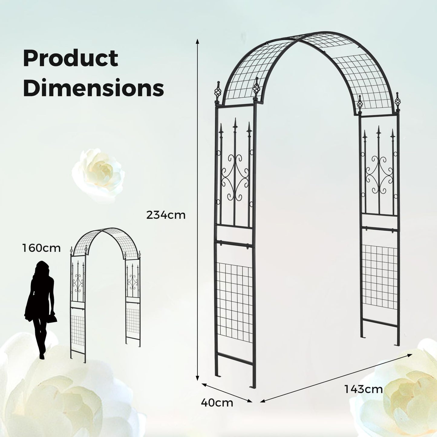 2.3M Metal Garden Arch with 4 Ground Stakes
