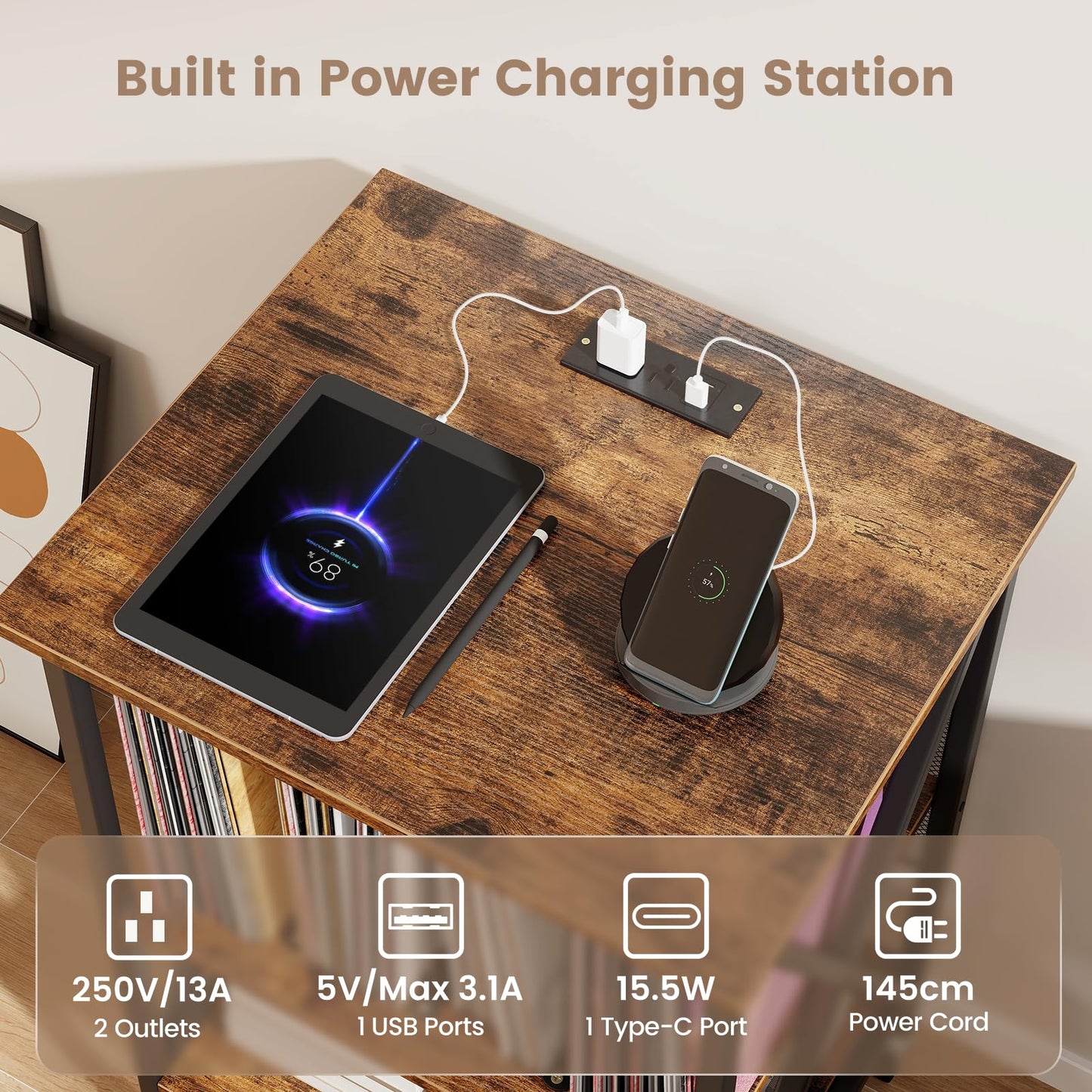 Turntable Record Player Stand with Builtin Charging Station and Divider