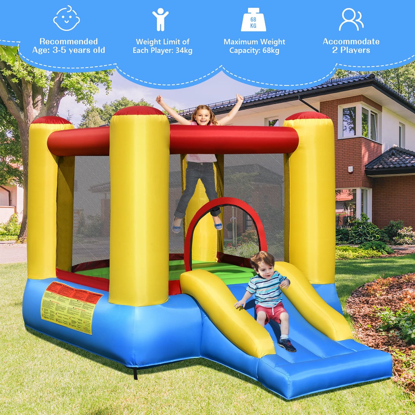 Inflatable Bounce House with Slide and Carrying Bag without Blower