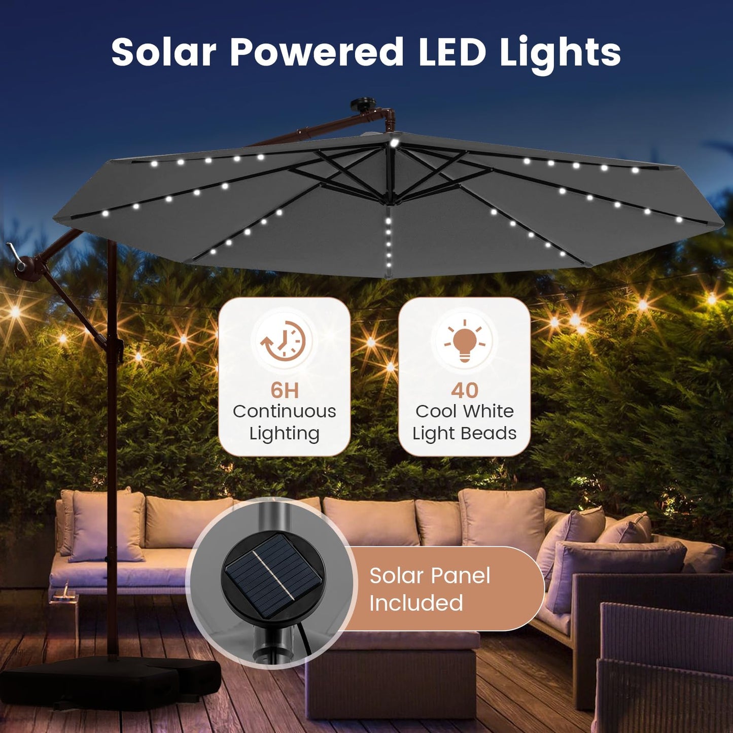 3M Cantilever Garden Parasol with 40 LED Lights & Solar Panel Batteries