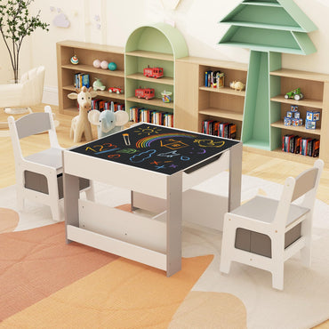 4 in 1 Kids Table and Chairs Set with Reversible Tabletop and Bookshelves