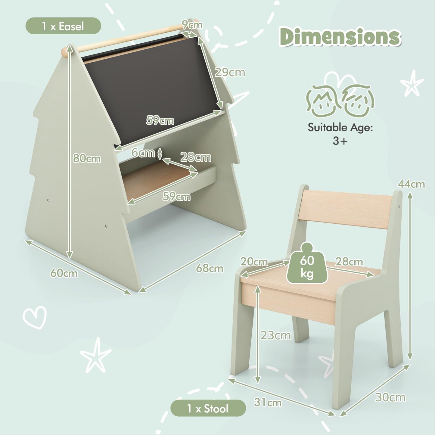 2 in 1 Double sided Kids Art Easel with Stool and Paper Roll Holder