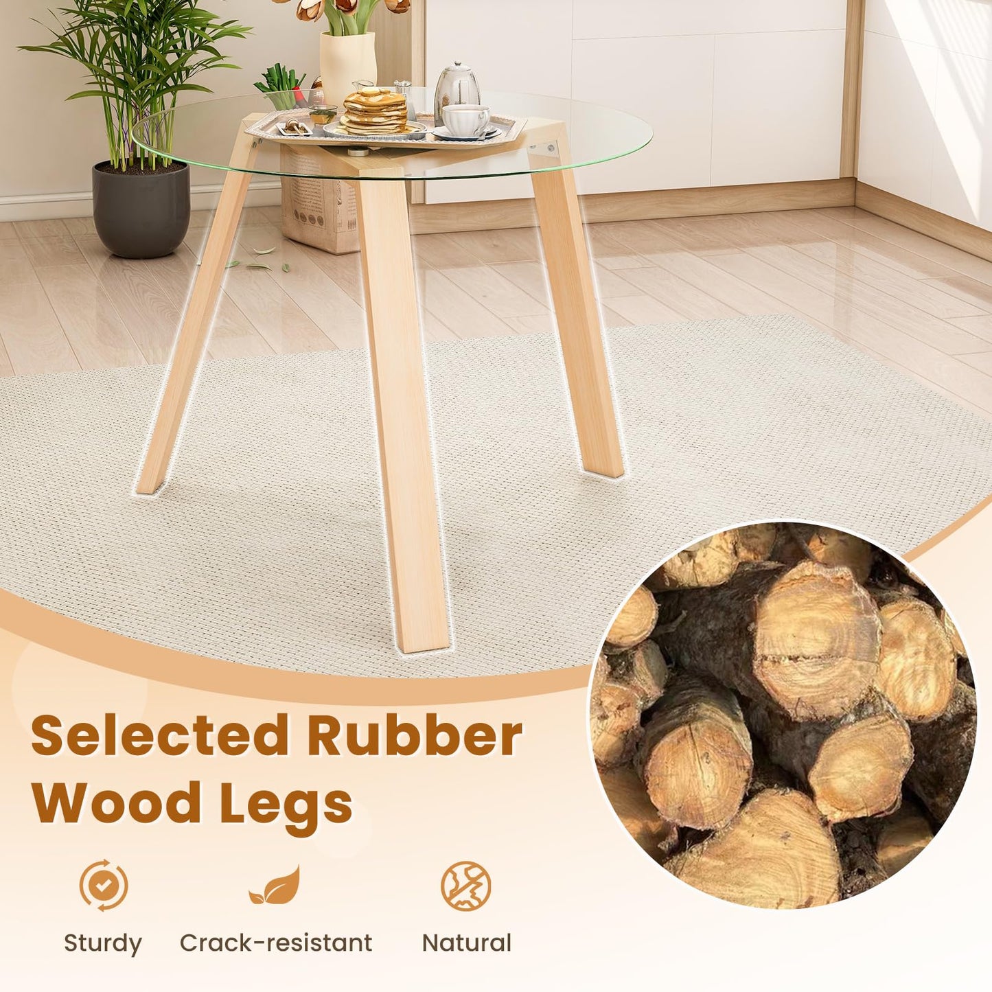 90cm Modern Round Kitchen Tables with Tempered Glass Tabletop and Rubber Wood Base