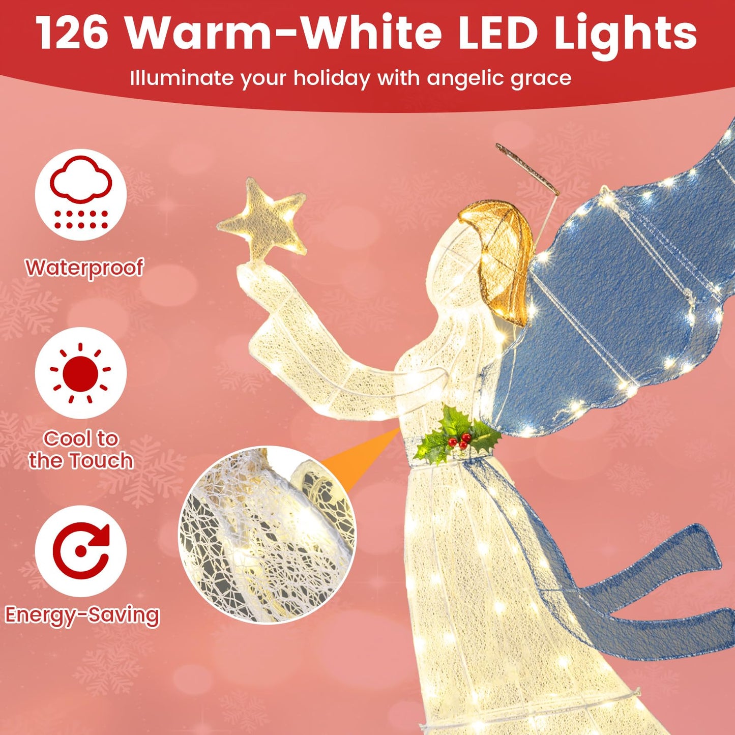 Pre-lit Christmas Angel, 3D Glittered Angel with LED Lights