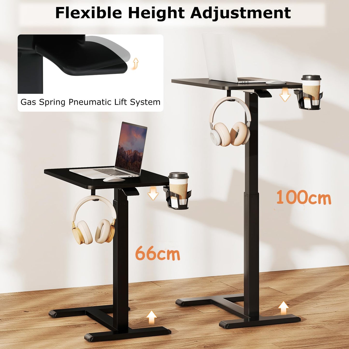 Height Adjustable Overbed Bedside Table with Cup Holder and Headphone Hook