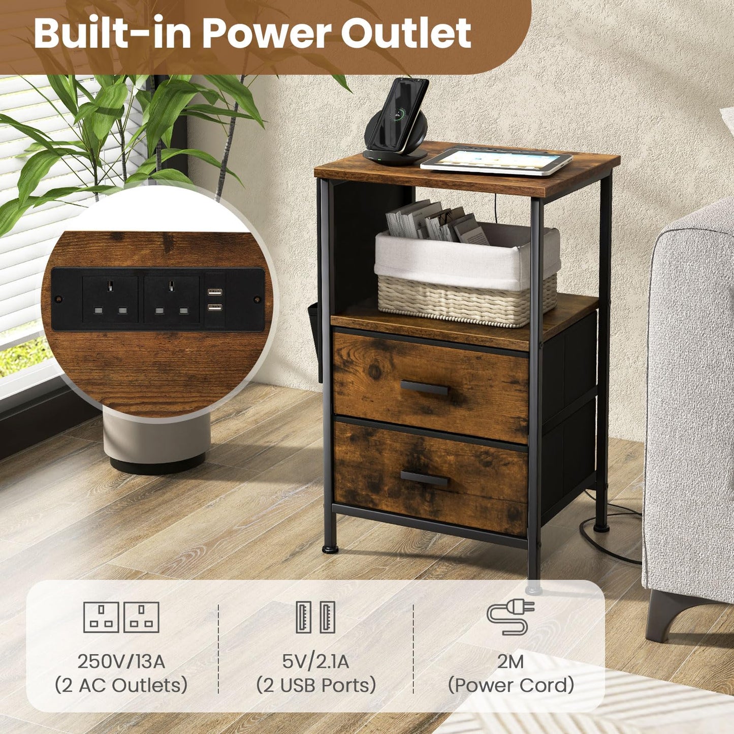 Nightstand with Charging Station with 2 Drawers and 6 Side Pockets