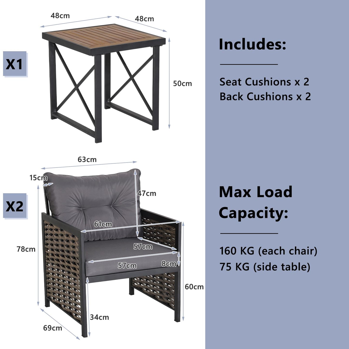 3-Piece Outdoor Coffee Table and Sofas with Acacia Wood Tabletop