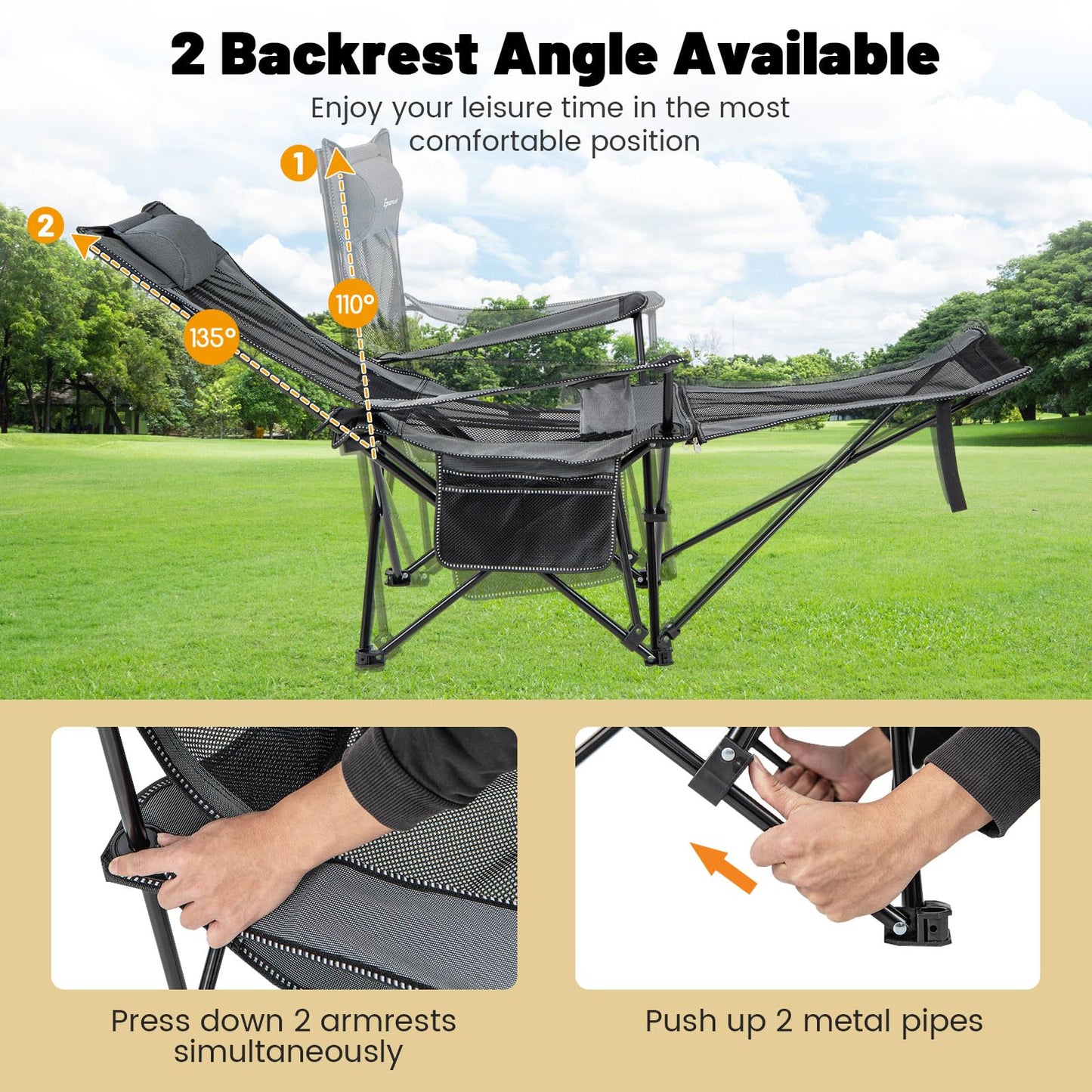 2 in 1 Portable Reclining Camp Chair with Detachable Footrest