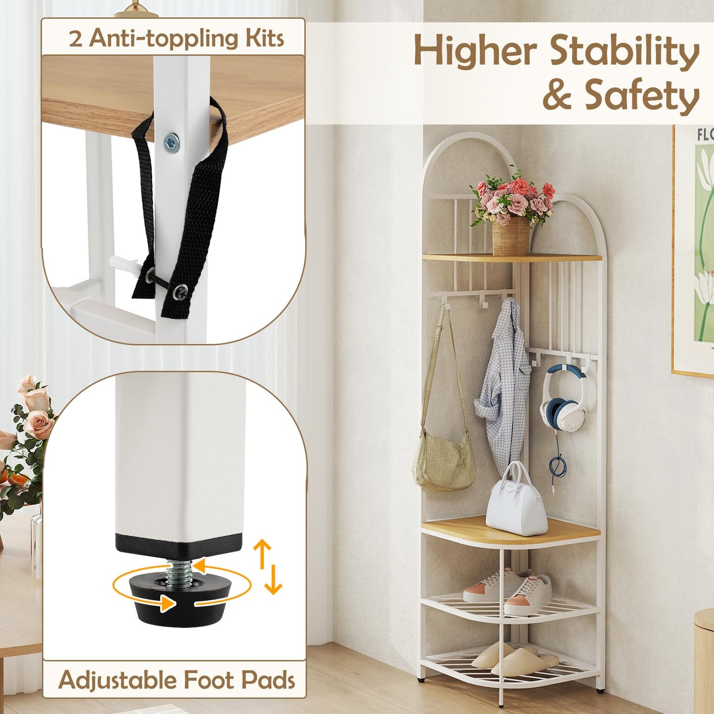 Corner Hall Tree 4 Tier Coat Rack with Storage Bench and Hooks