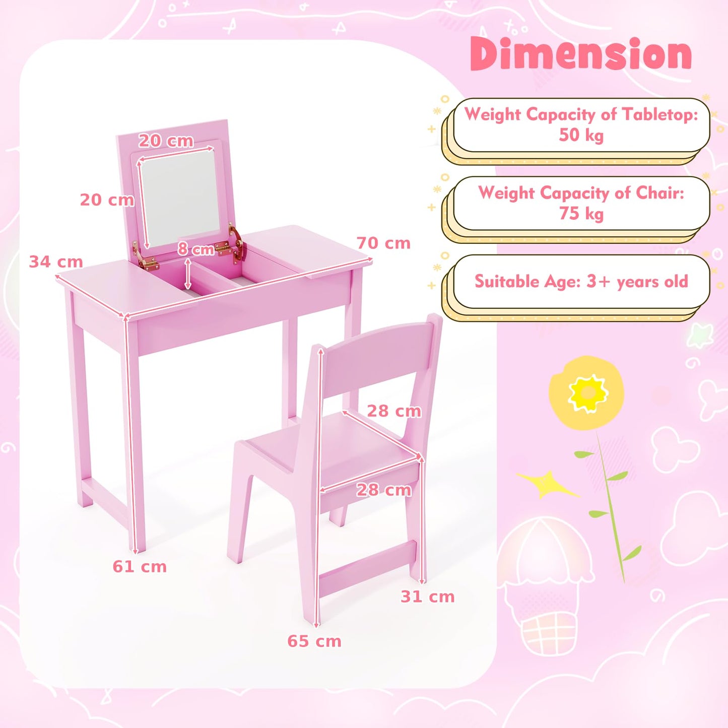2 in 1 Kids Vanity Table and Chair Set with Flip Top Mirror Hidden Storage