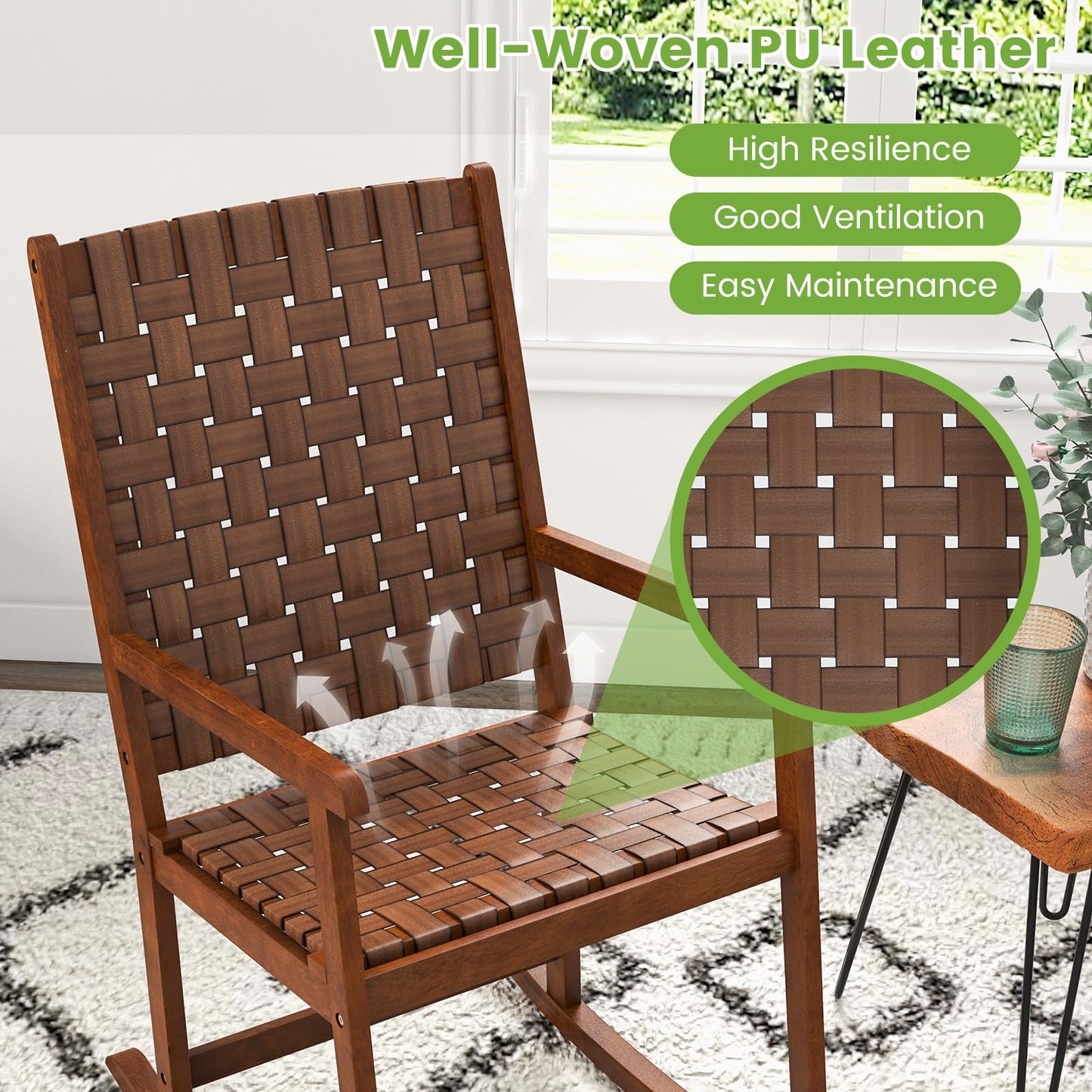 Wood Rocking Chair with PU Seat and Rubber Wood Frame for Porch Backyard Balcony