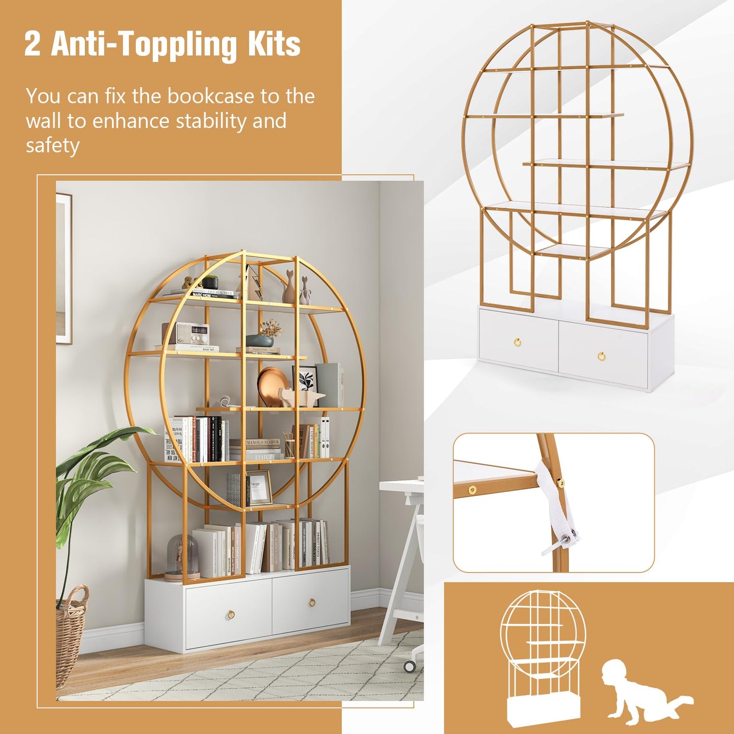 6-Tier Gold Bookshelf with 2 Storage Drawers Staggered Shelves