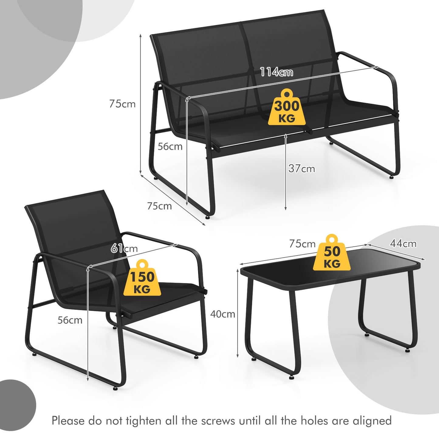 Metal Frame Conversation Set with Loveseat & Glass Coffee Table