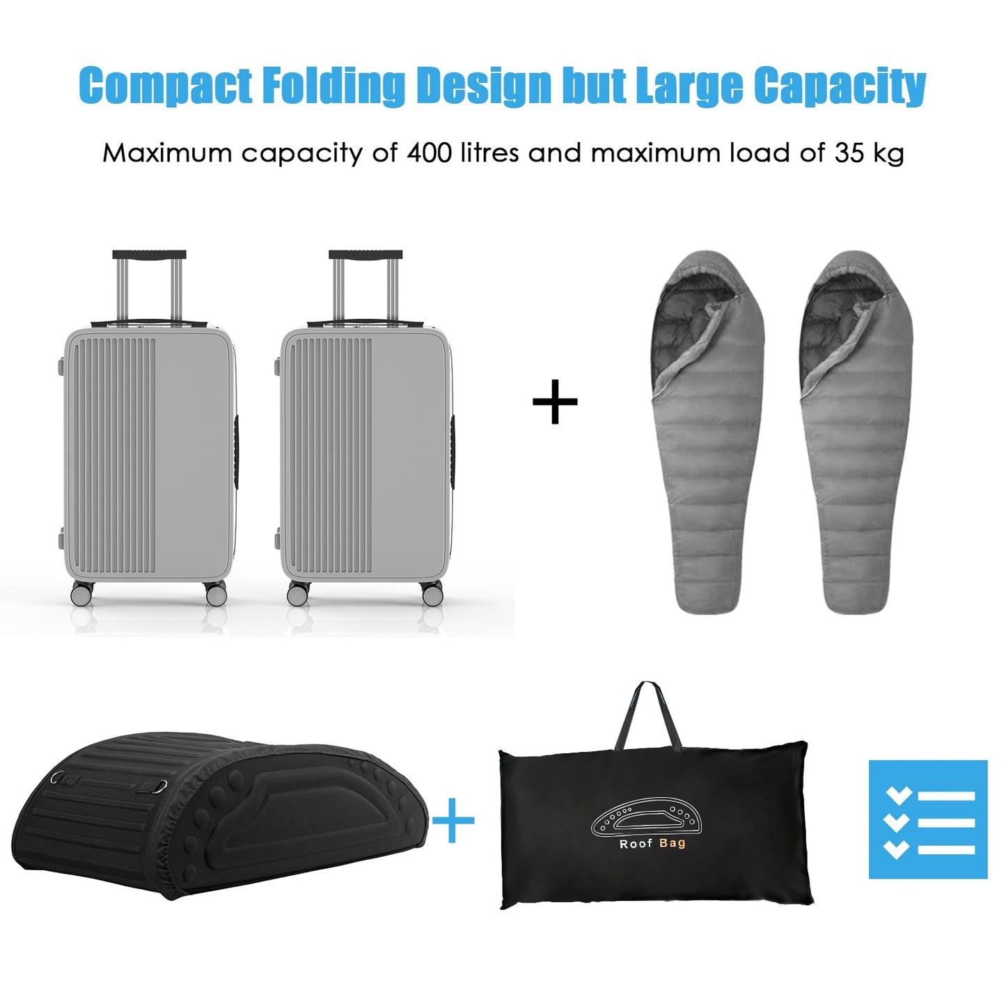 14 Cubic Feet/400L Car Roof Bag, Waterproof Foldable Roofing Cargo Carrier with 4 Reinforced Straps