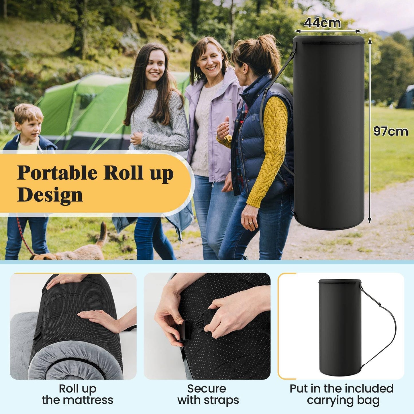 188 x 97 x 6.5cm Waterproof Roll up Travel Car Sleeping Pad with Fixing Straps