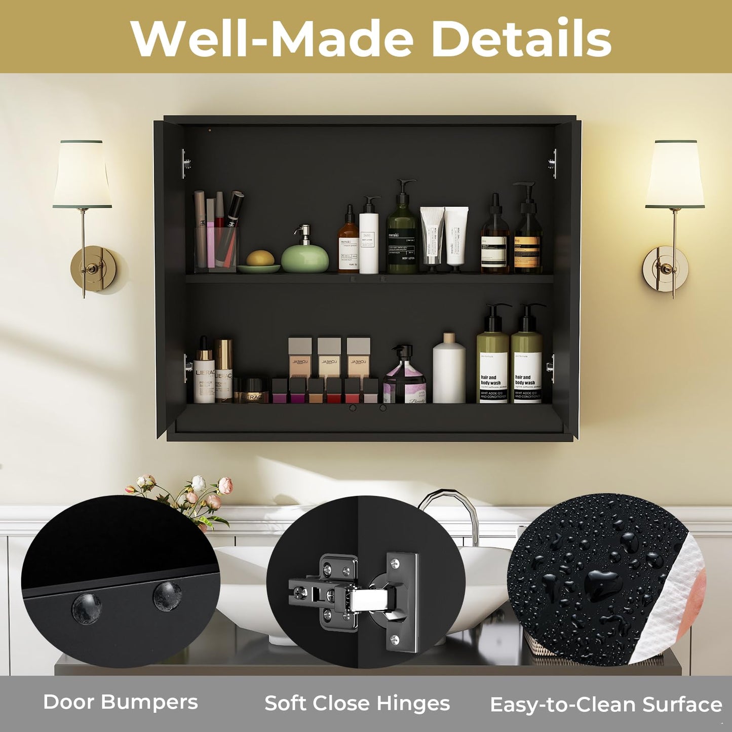 Double Mirrored Door Cabinet with Storage Shelf for Bathroom