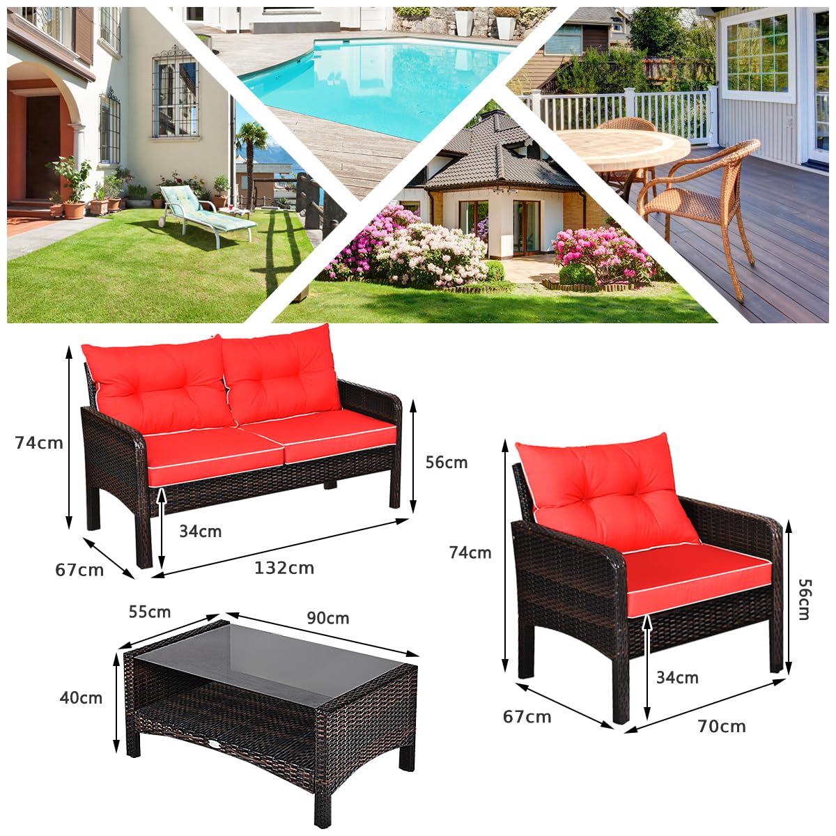 4-Piece Garden Rattan Conversation Furniture Set with Tempered Glass Table