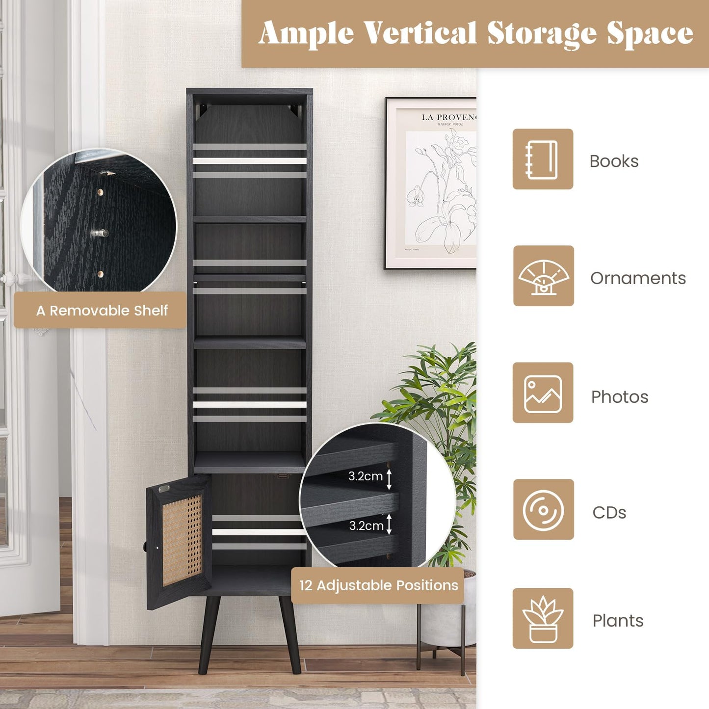 Freestanding Slim Cabinet with Rattan Door and Solid Wood Legs