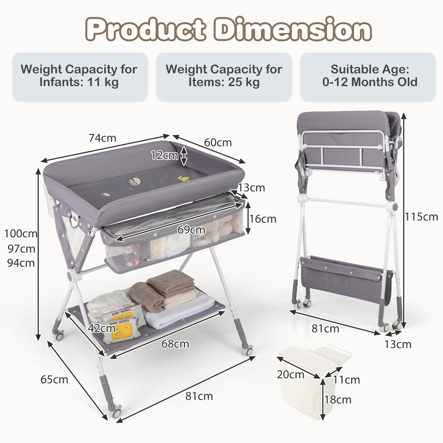 Baby Changing Table Foldable Infant Care Station with Wheels & Trash Can